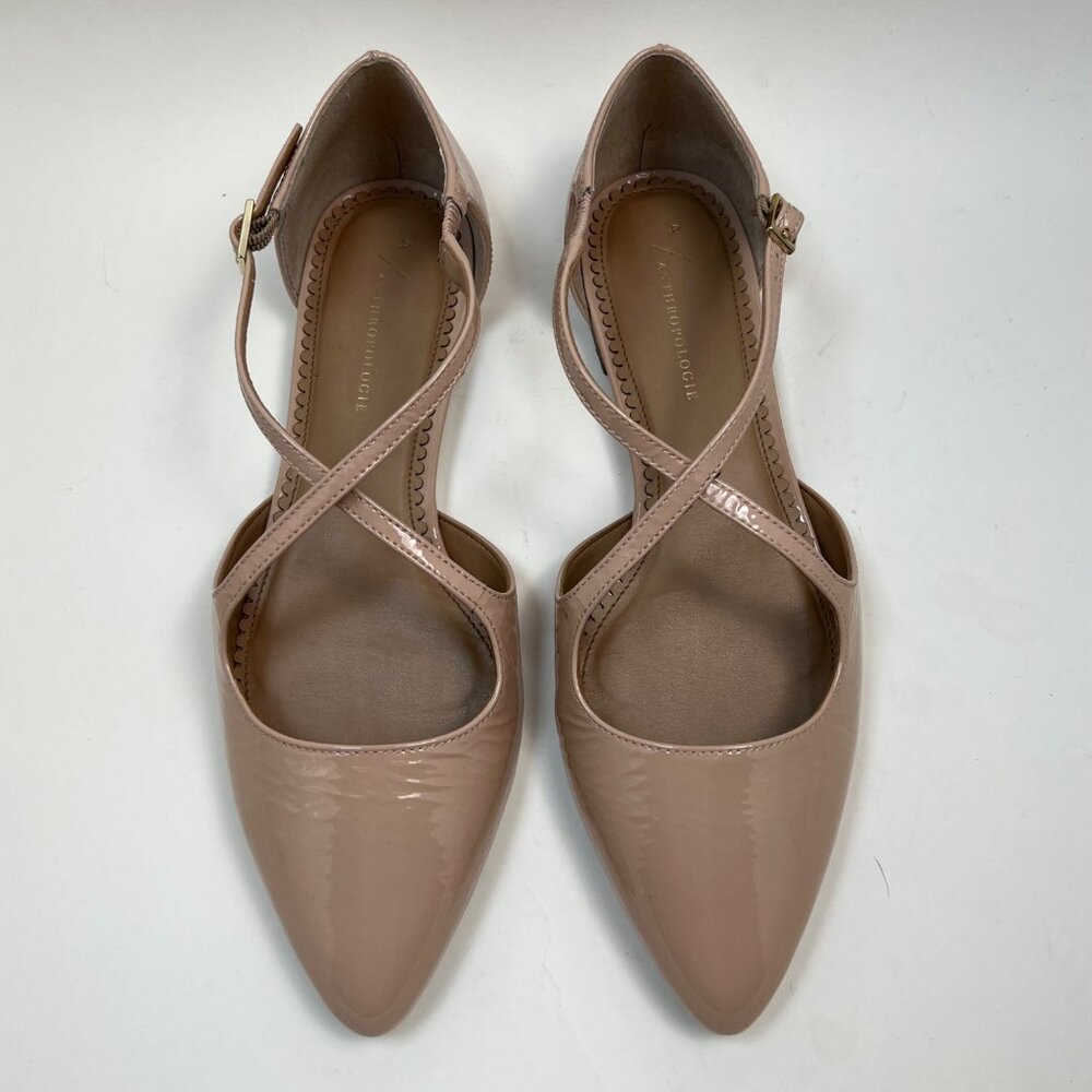 Anthropologie Leather Cross Strap Ballet Flat Shoes Patent Nude Neutral Size 8.5 - Picture 4 of 7